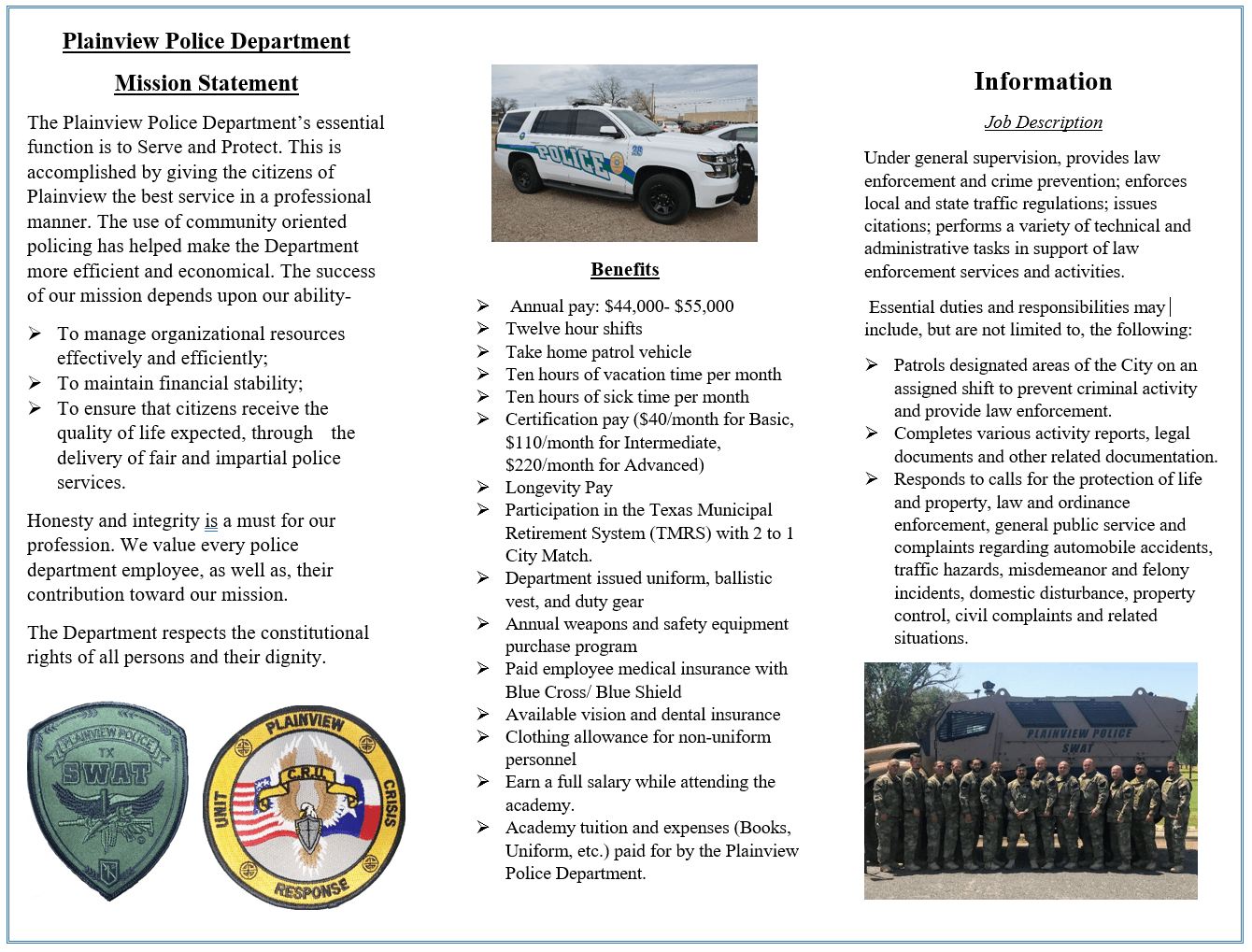 City of Plainview Police Department Recruitment Brochure Page 2