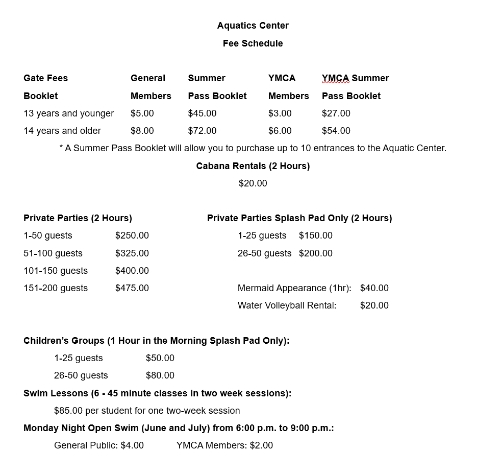 Aquatics Fee Schedule